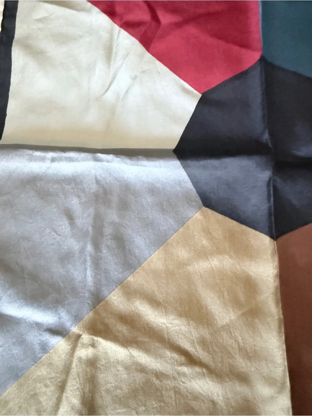 Geometric Colorblock Silk Scarf in Mustard, Brown, Blue, Red and Gray